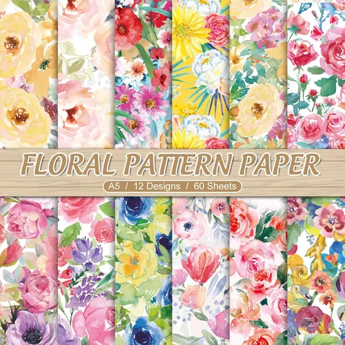 Whaline 60 hojas de papel de patrón floral tamaño A5 acuarela flor álbum de recortes papel papel de doble cara primavera manualidades papeles para