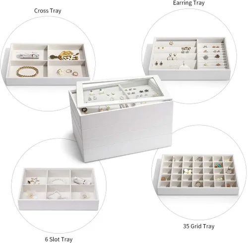Miniatura 4 de Vlando - Bandeja organizadora de joyas apilable, de gran capacidad, organizador de cajones, bandeja de exhibición, caja para anillos, aretes