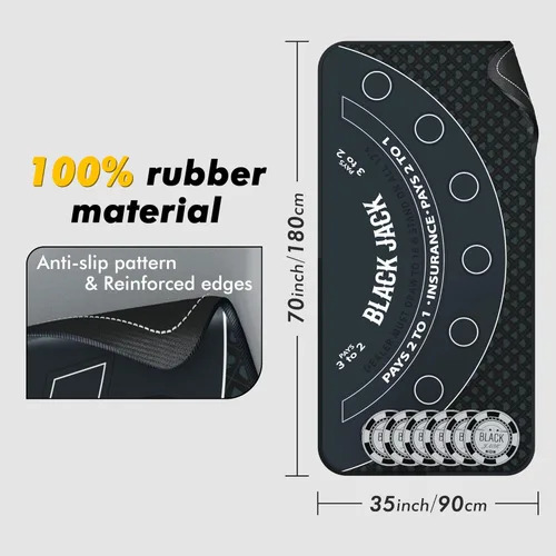 Miniatura 3 de Alfombrilla de Blackjack de 70 x 35 pulgadas, 21 alfombrillas de goma para mesa de casino, con bolsa de almacenamiento, 6 posavasos