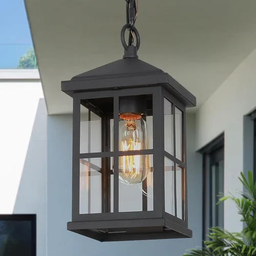 Lámpara colgante para exteriores, luces colgantes exteriores de granja con cadena ajustable, luz de techo negra para exteriores con vidrio