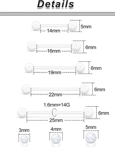 Miniatura 3 de 6mm-38mm 14G 16G Anillos de pezón transparentes de plástico para lengua, aretes industriales para cirugía, embarazo, ombligo, anillo de bioflex
