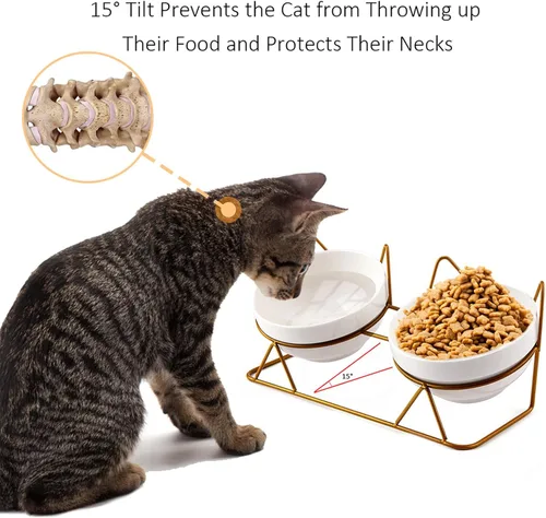 Miniatura 2 de Trosetry Cuencos para gatos, cuencos dobles de cerámica para mascotas con soporte elevado inclinado 15° para alimentos y agua, comedero antivómito