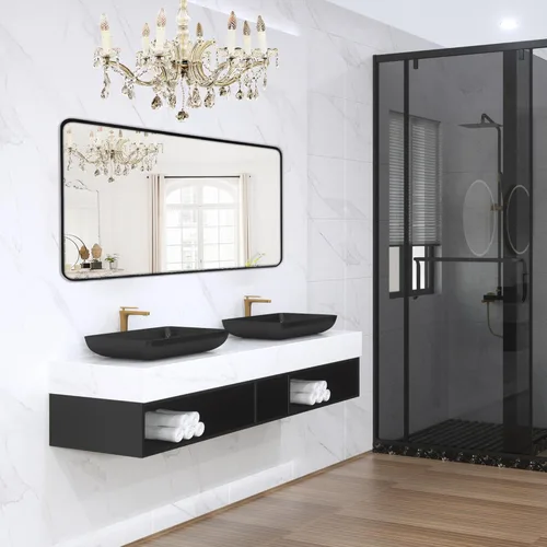 Miniatura 40 de Espejo de montaje en pared para baño, espejo rectangular de tocador rectangular con marco de metal negro cepillado (16 x 20 pulgadas, negro)