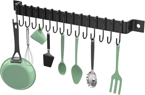 Housolution Riel de cocina con 15 ganchos, 16 pulgadas montado en la pared, colgador de utensilios de cocina para cocina, 1 paquete, color negro