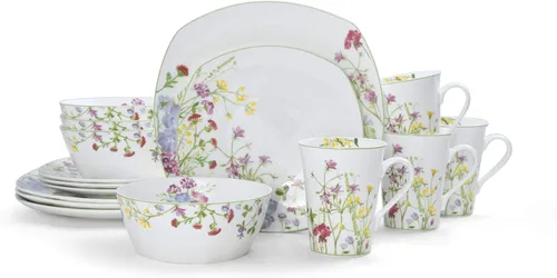 Miniatura 2 de Mikasa Wildflower Garden - Juego de vajilla de porcelana de hueso de 16 piezas para 4, platos cuadrados y cuencos con tazas, diseño floral, apto