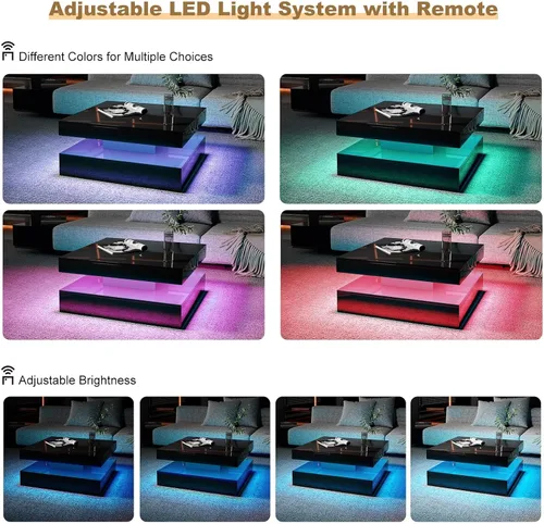 Miniatura 4 de HedoAjim Mesa de centro LED negra para sala de estar, mesa de sala de estar, mesas centrales cuadradas de 2 niveles, mesas de centro de madera