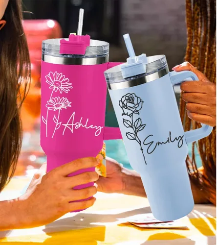Miniatura 4 de Se envía al día siguiente, vaso térmico de 40 onzas con asa y sorbete con flor de nacimiento, vaso personalizado con nombre, taza aislada 02-Vaso