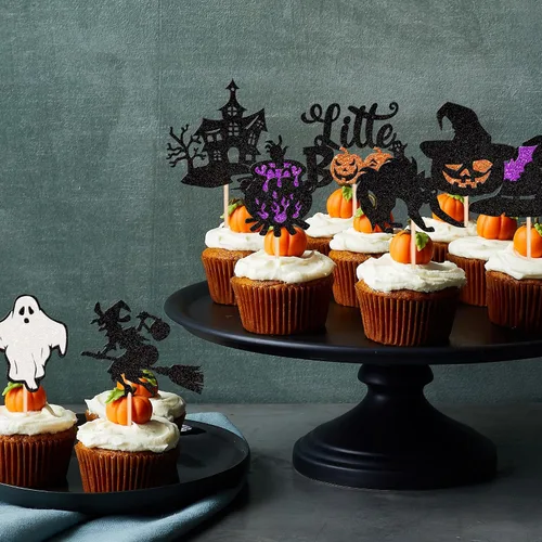 Miniatura 5 de Rsstarxi Paquete de 24 adornos para cupcakes Little Boo con purpurina, bruja, gato, calabaza, castillo, fantasma, magdalenas, alimentos, decoración