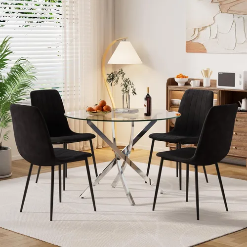 Miniatura 21 de Moderno juego de mesa redonda de vidrio para 4, 36 pulgadas, pequeña base negra de vidrio templado con 4 sillas de comedor minimalistas beige, juego