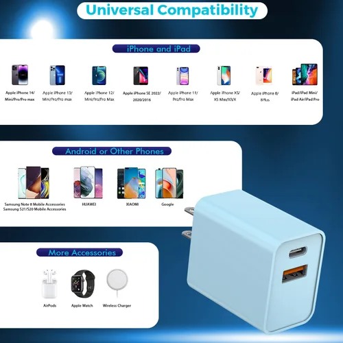Miniatura 7 de Bloque de carga para iPhone 16/15, bloque de carga USB C [paquete de 2] 20 W de doble puerto PD rápido USB C adaptador de cargador de pared USB A