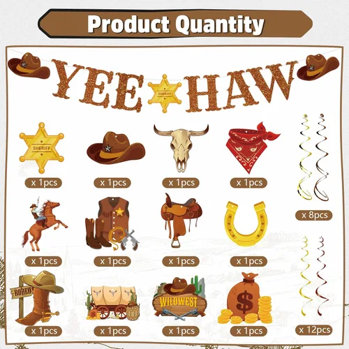 Miniatura 2 de Decoraciones de fiesta de cumpleaños del salvaje oeste, 29 piezas de decoraciones de fiesta de vaquero occidental de Yee Haw, remolinos colgantes
