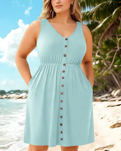 Miniatura 50 de Holipick Vestidos de verano para mujer, talla grande, casual, con bolsillos, acampanado, con botones, sin mangas, cuello en V