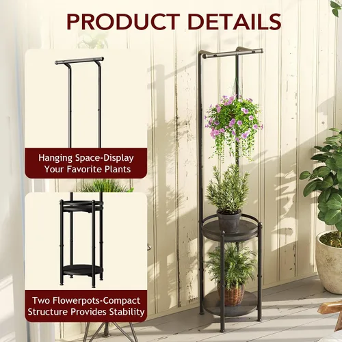 Miniatura 6 de Homsorout Soporte para plantas para interiores y exteriores, soporte de metal resistente de 2 niveles para plantas colgantes de hierro que ahorra