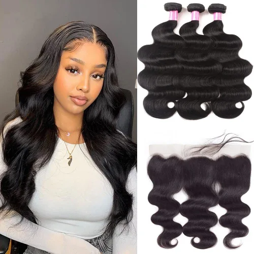 Miniatura 9 de Paquetes de Ondas Corporales con Cierre para Mujeres Negras (10 12 14+10) 100% Cabello Humano Brasileño de Ondas Corporales Sin Procesar 3 Paquetes