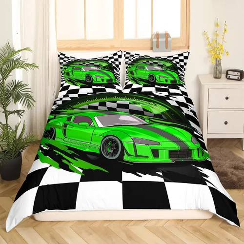 Miniatura 2 de Erosebridal Juego de ropa de cama de coche deportivo verde para niños, tamaño individual, funda de edredón de autos de carreras para niños