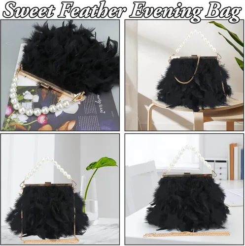 Miniatura 5 de Bolsos de mano de plumas para mujer, bolsos de noche esponjosos de perlas para boda, aniversario, fiesta