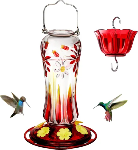 Kingsyard Comedero para colibríes para colgar al aire libre, 25 onzas, alimentador de néctar de vidrio para colibríes con foso de hormigas y 6