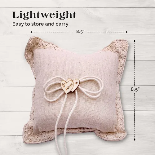 Miniatura 3 de SLS SUPPLY FLORA - Almohada de arpillera para portador de anillos de encaje, soporte clásico para anillos de boda, elegante almohada rústica
