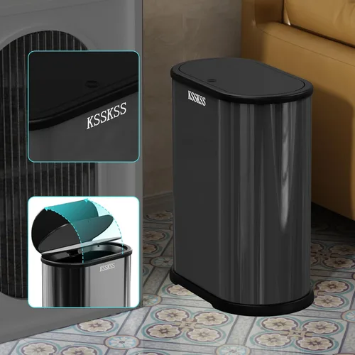 Miniatura 3 de KSSKSS Cubo de basura pequeño de acero inoxidable de 1.8 galones con tapa tipo prensa, cubo de basura delgado para baño, cubo de revestimiento Negro