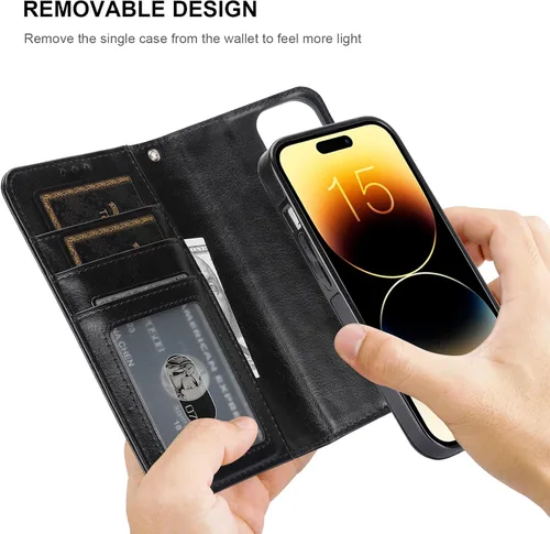 Miniatura 3 de Bocasal Funda tipo cartera desmontable para iPhone 15 con bloqueo RFID, ranuras para tarjetas, soporte de cuero PU premium, soporte magnético tipo