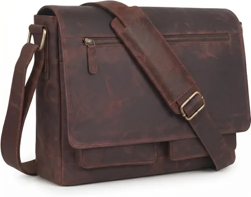 VALENCHI Bolsa tipo mensajero de cuero de grano completo para laptop de 15.3 pulgadas para hombres y mujeres, compartimento acolchado para laptop de