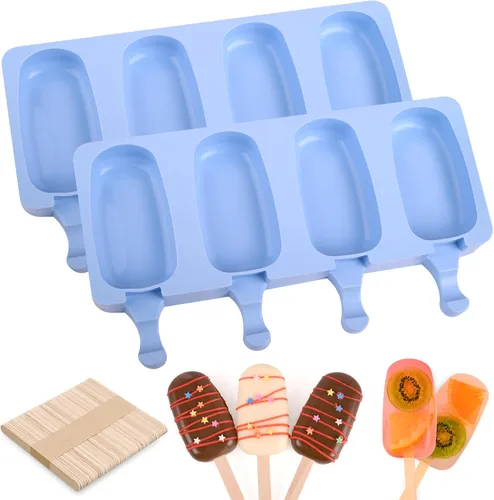 WMKGG Juego de moldes de silicona para paletas, 2 piezas de moldes para helado con 50 palitos de madera para pastelitos, paletas de hielo, Azul