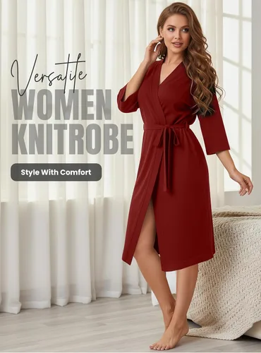 Miniatura 5 de NY Threads Bata de baño de punto largo para mujer, manga 34, kimono suave, ligero, ropa de descanso