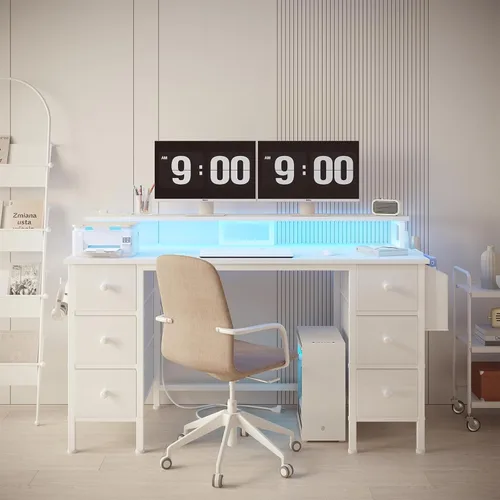 Miniatura 4 de Lufeiya Escritorio blanco para juegos con cajones y estantes de almacenamiento, escritorio de oficina en casa de 47 pulgadas con soporte