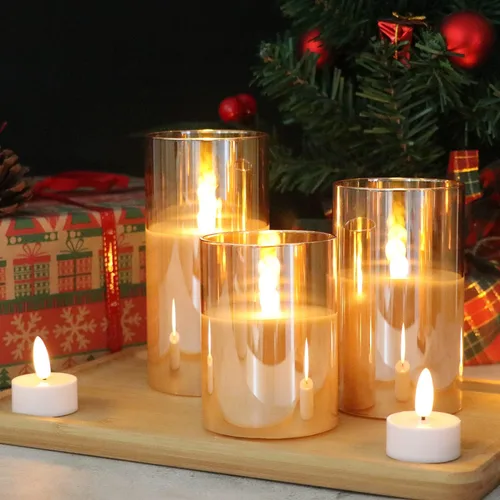 Miniatura 4 de GenSwin - Velas LED sin llama de cristal dorado que funcionan con batería, con control remoto de 10 teclas y temporizador, velas de cera real de luz