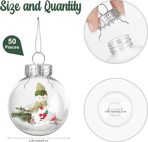 Miniatura 2 de 50 Piezas Adornos de Bola Redondos de Navidad de Plástico Transparente de 2.36 Pulgadas a Granel Parte Superior Removible Adornos Colgantes