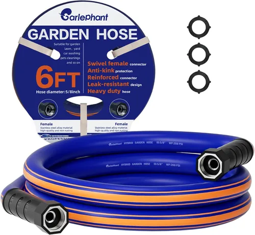 Manguera corta de jardín de 6 pies x 5/8 pulgadas, manguera hembra a hembra con mango giratorio, resistente, flexible, resistente, ligera,