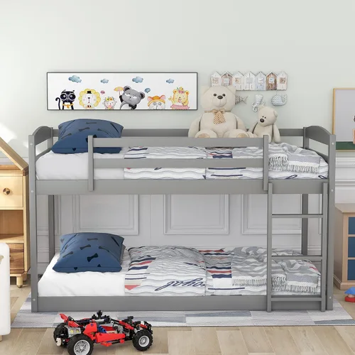 Miniatura 4 de Harper & Bright Designs Litera baja individual sobre individual, marco de cama individual de madera con escalera y barandillas, literas bajas