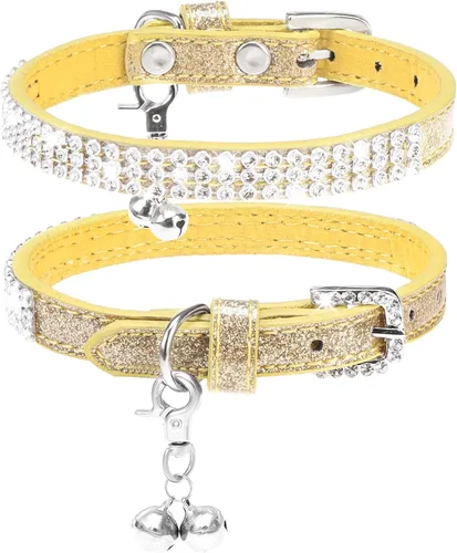 Miniatura 11 de PUPTECK Collar básico ajustable para gato con diamantes brillantes y campanas dobles, para gatitos y cachorros pequeños, collares de diamantes
