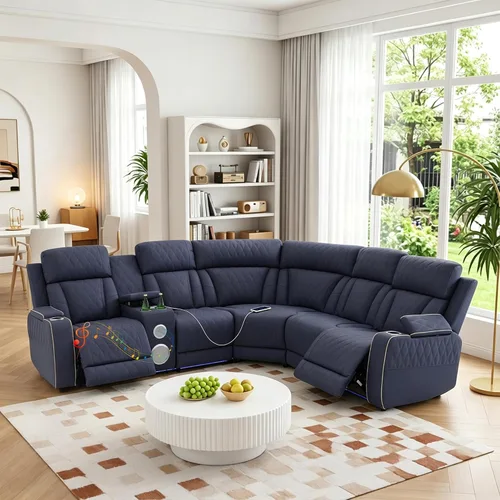 Miniatura 8 de Breathing Leather Sectional Sofa with Dual Power Recliner, 6 Seater L Shaped Reclining Couch for Living Room, Sectional Couch with Reading Lamp/USB