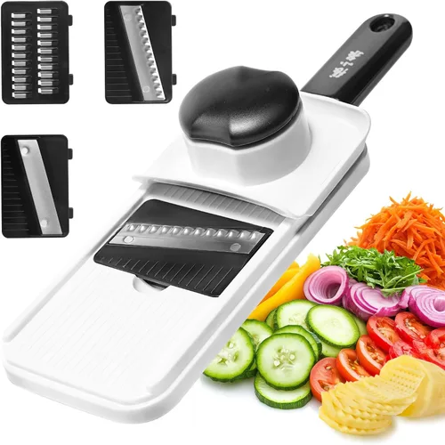 Miniatura 2 de Cortador de mandolina de mano 3 en 1, cortador de verduras de acero inoxidable, rallador de queso con agarre cómodo, ideal para cortar frutas