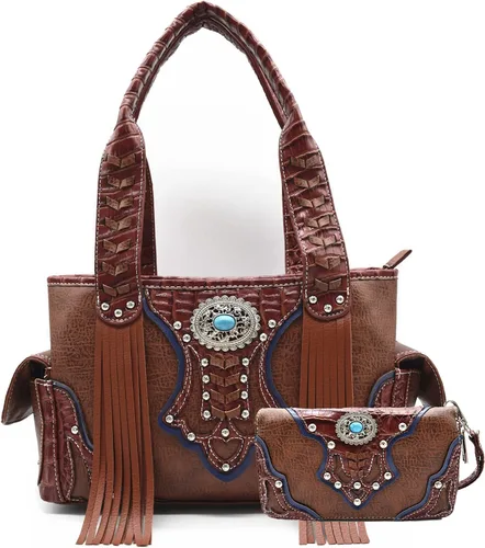 Estilo occidental vaquera tejida con flecos de cocodrilo magnífico monedero conchos Tote Country Women bolso bolso hombro cartera conjunto