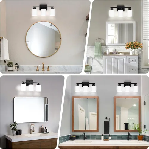 Miniatura 3 de FonmYim Lámpara de baño negra, lámpara de tocador moderna de 3 luces sobre espejo, apliques de pared con pantallas de vidrio esmerilado blanco