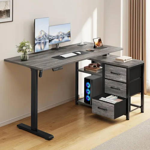 Miniatura 11 de Escritorio eléctrico en forma de L de 47 pulgadas con 3 cajones, mesa de computadora de almacenamiento, altura ajustable con tomas de corriente, 4