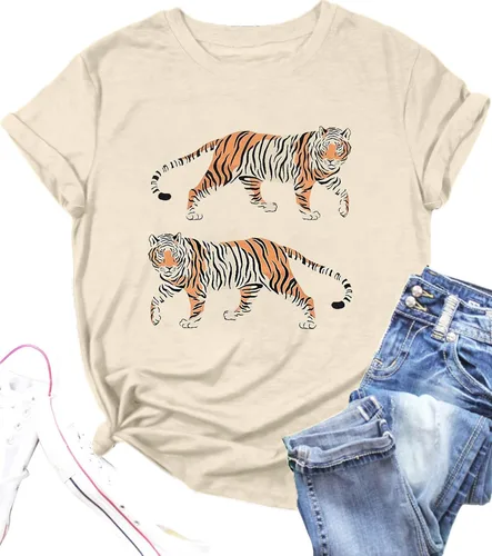 Camiseta de manga corta con cuello redondo y estampado de animales vintage para mujer, estilo vintage, ajuste holgado