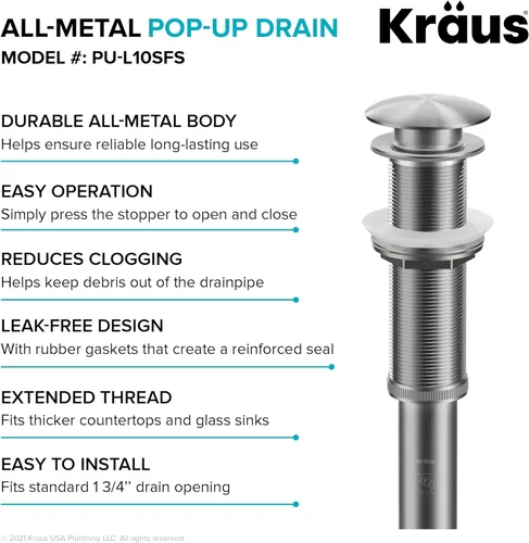 Miniatura 5 de KRAUS Desagüe emergente para lavabo de baño con rosca extendida para encimeras más gruesas y lavabos de vidrio en acero inoxidable sin manchas