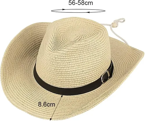 Miniatura 17 de Sombrero de vaquero de paja para hombres y mujeres, sombrero de sol de ala ancha, sombrero de vaquera Panamá con correa para la barbilla, sombrero