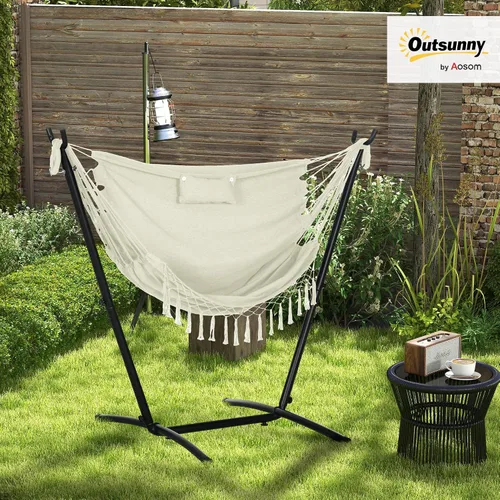 Miniatura 2 de Outsunny Silla hamaca de patio con soporte, hamaca para exteriores con bolsillo lateral y reposacabezas, color blanco crema