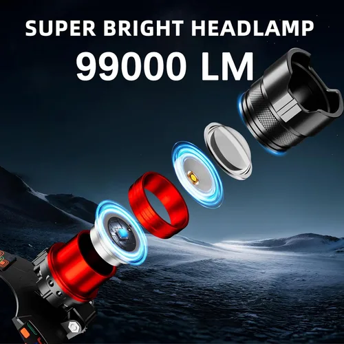 Miniatura 2 de Linterna frontal recargable 99000 lúmenes altos, lámpara LED súper brillante con sensor de movimiento, 12 modos, IPX7 impermeable, ajustable a 125°