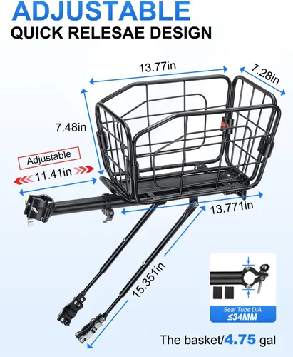 Miniatura 2 de Cesta trasera para bicicleta, estante de carga de aluminio para bicicleta, cesta de bicicleta de capacidad de 22 litros, plegable y extraíble