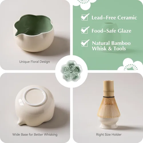 Miniatura 4 de Juego de Matcha, Juego de Matcha de Cerámica Floral de 8 Piezas con Batidor de Matcha, Soporte, Cuchara, Reposa-cuchara, Colador, Cuchara y Paño