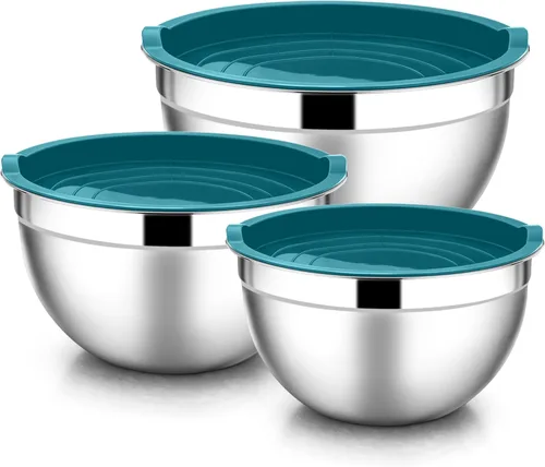 E-far Tazones para mezclar con tapas, juego de 6 piezas de tazones para ensalada de acero inoxidable, tazones de metal anidables para hornear, Azul