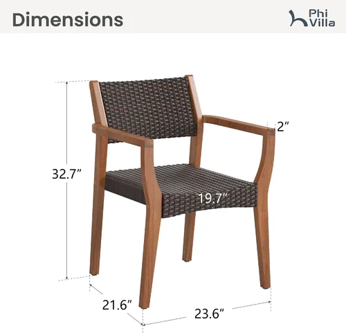Miniatura 9 de PHI VILLA Juego de 2 sillas de madera de acacia para exteriores, sillones de comedor resistentes con respaldo y asiento de mimbre, muebles