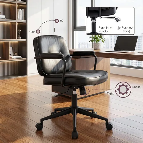 Miniatura 3 de LukeAlon Silla de escritorio ajustable de piel sintética, silla giratoria de 360° negra con reposabrazos, asiento grueso, botones y ruedas