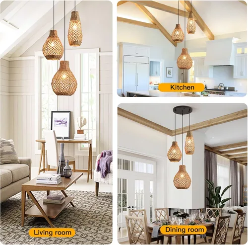 Miniatura 7 de Lámpara colgante de ratán de 3 luces, estilo bohemio, tejido de mimbre, costero, para colgar en el techo, para cocina, isla, sala de estar, comedor