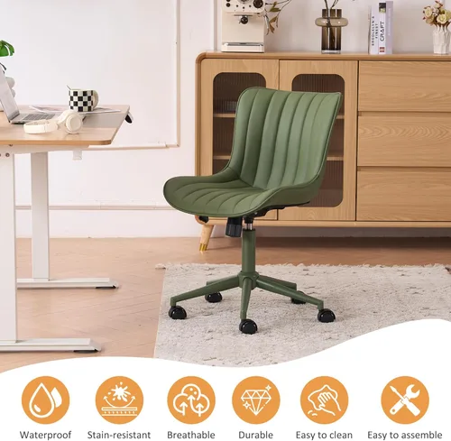 Miniatura 7 de YOUNIKE Silla de Escritorio Verde para Oficina en Casa con Ruedas Sin Brazos Compacta Cómoda Silla de Tocador con Respaldo Ajustable Moderna Pequeña